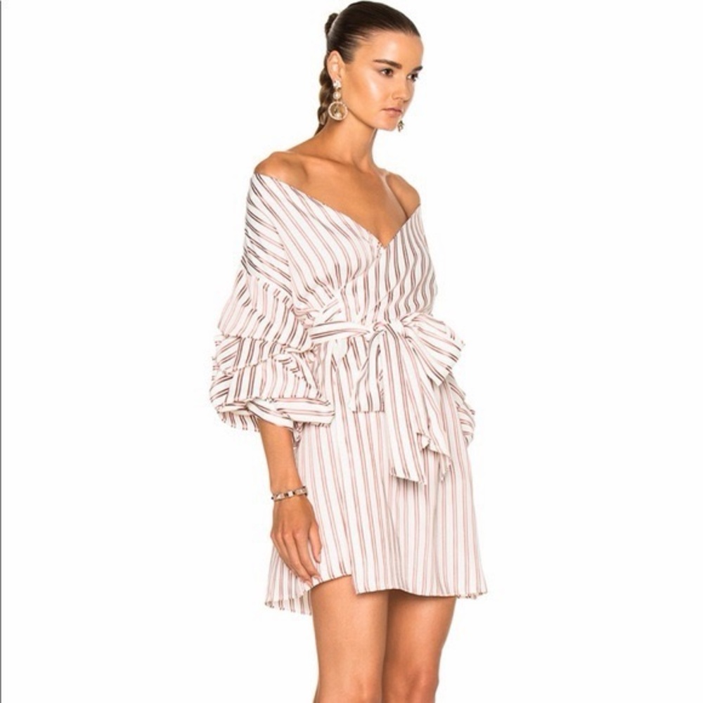 Alexis Maren Striped Off The Shoulder Wrap Dress L Large Pink White Ruffle Mini